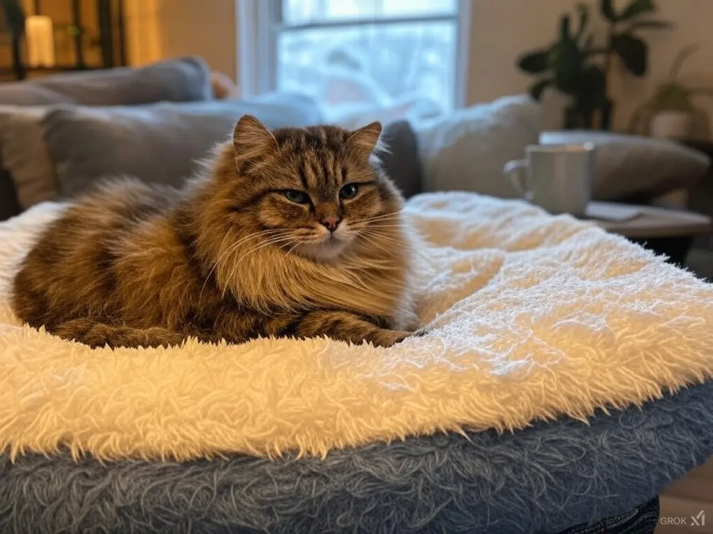 Fluffy cat resting on a cozy heated bed in a warm, winter-themed living room.