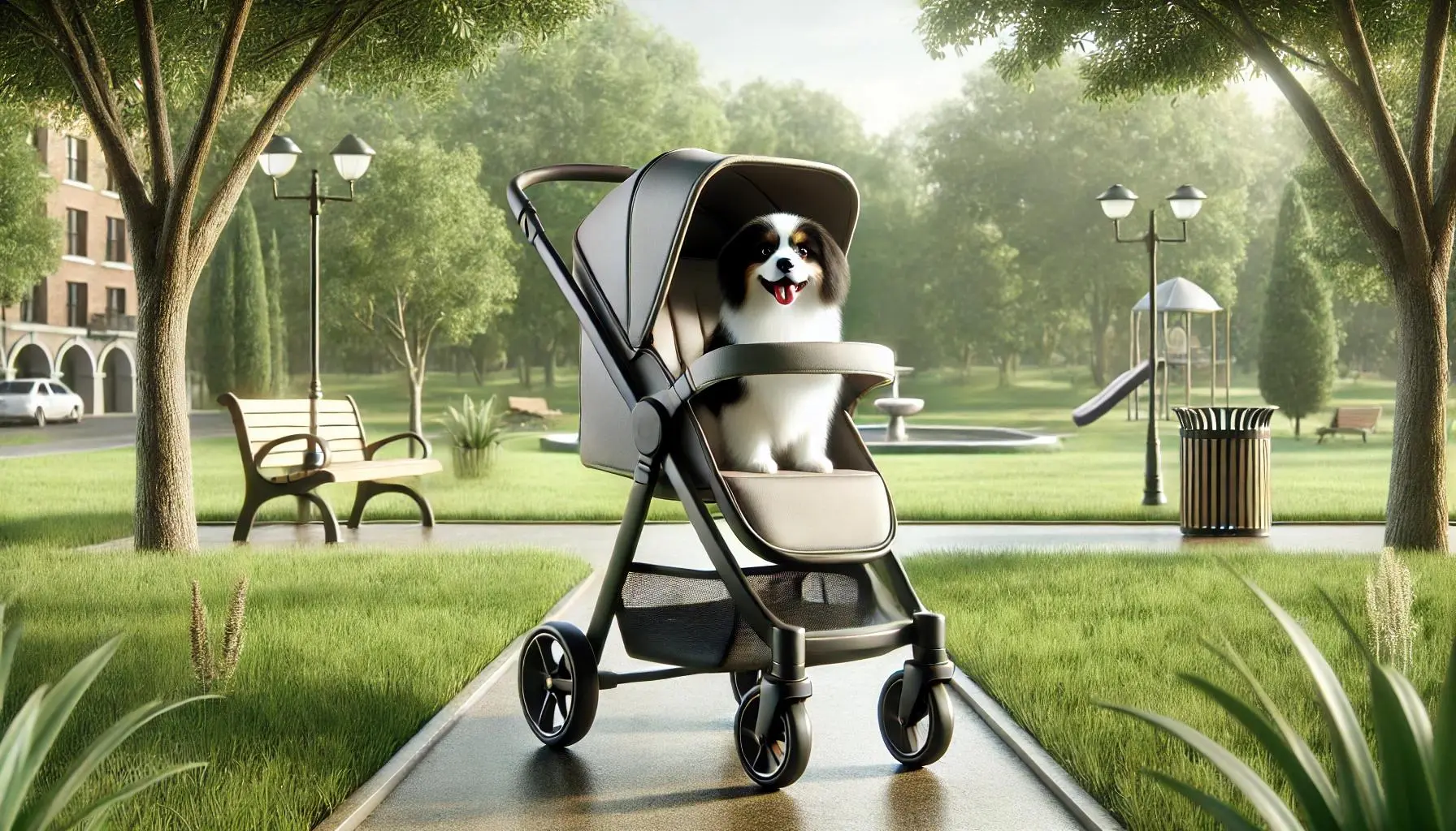 A dog in a stroller