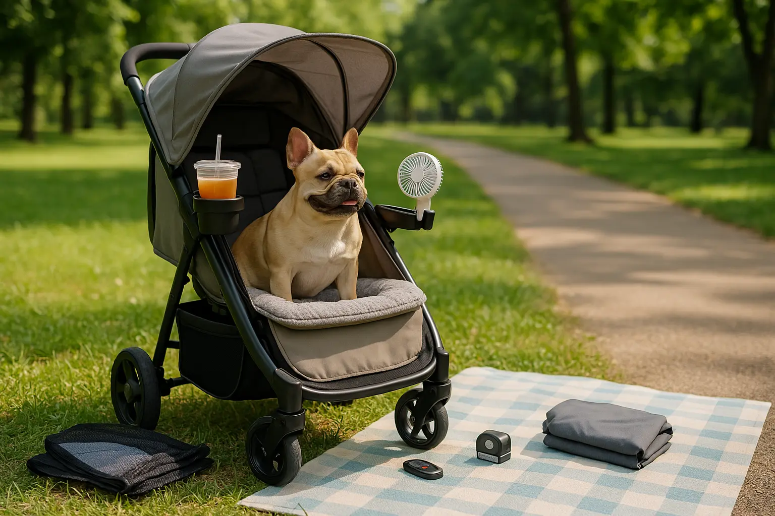 A dog in a stroller