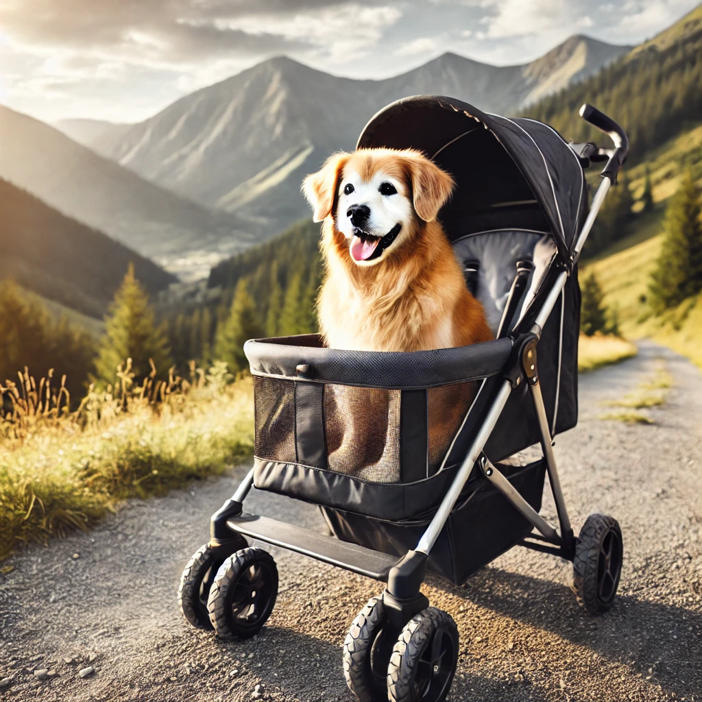 A dog in a stroller